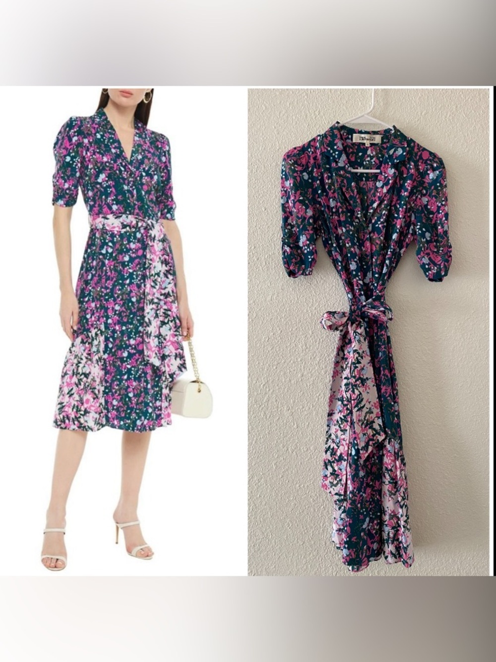 DIANE VON FURSTENBERG FLORALPRINT WRAP SILK CREPE DE CHINE SHIRT MIDI DRESS PINK